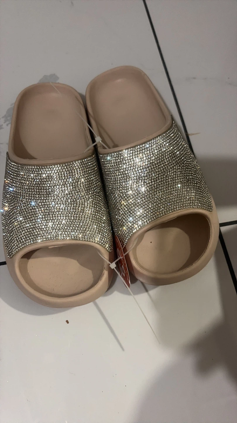 Beige Rhinestone Slides
