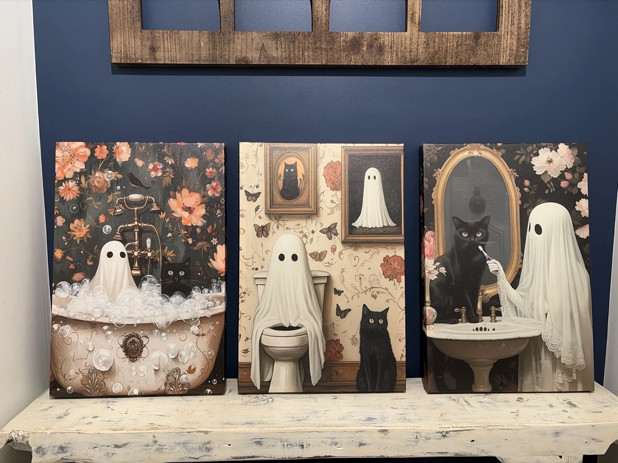Set of 3 Ghost and Black Cat Canvas Art Prints