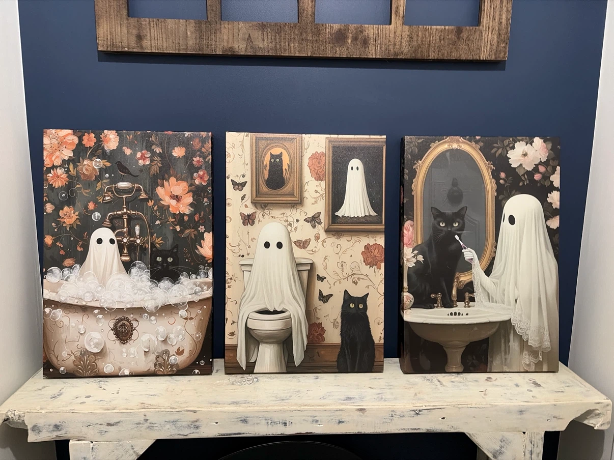 Set of 3 Ghost and Black Cat Canvas Art Prints - photo 5