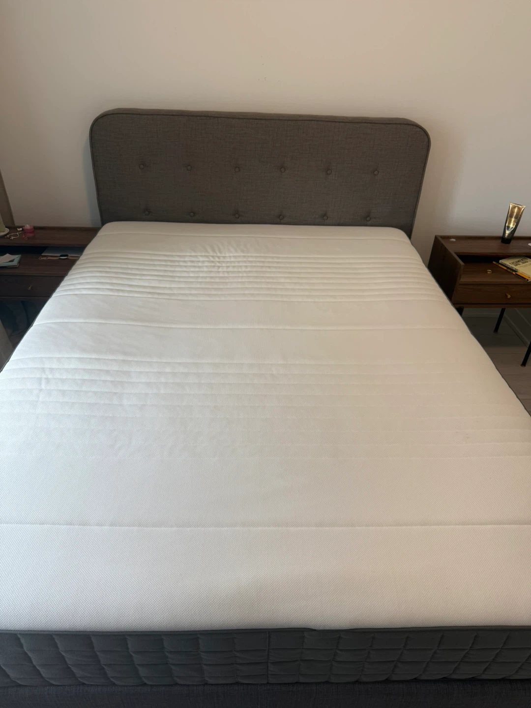 Grey Button-Tufted Queen Bed Frame + Matress