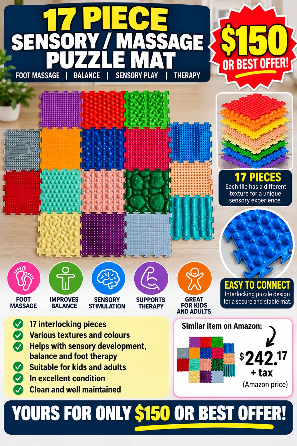 17-Piece Sensory Massage Puzzle Mat – Excellent Condition!