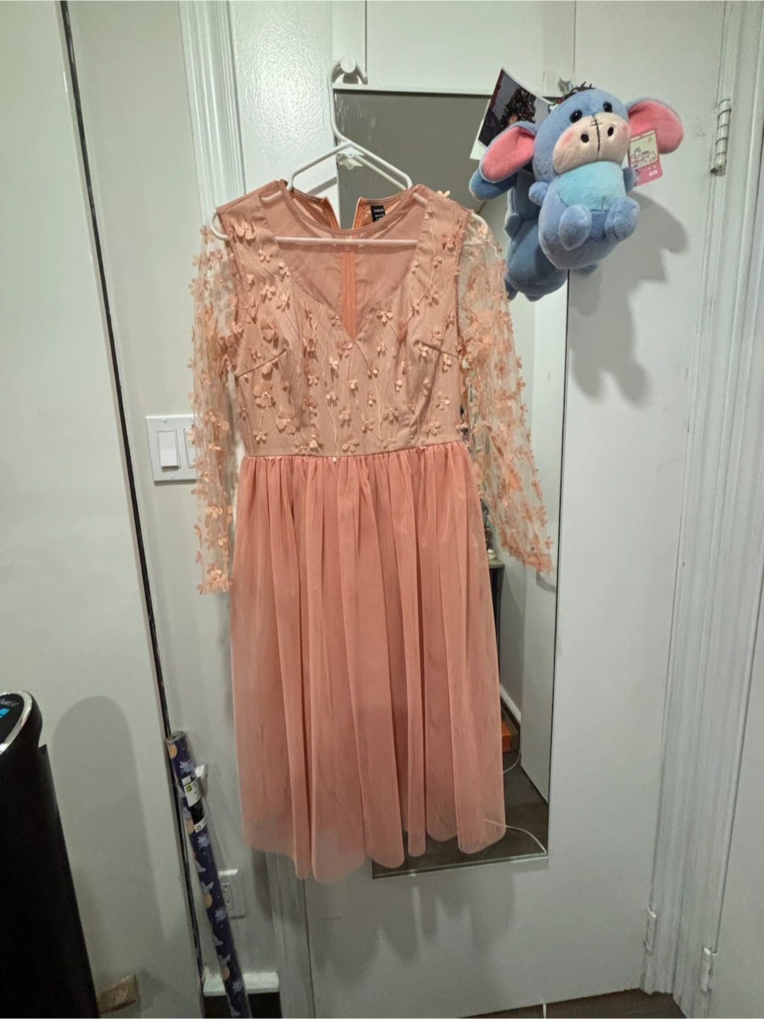 SHEIN Pink Floral Mesh Long Sleeve Dress