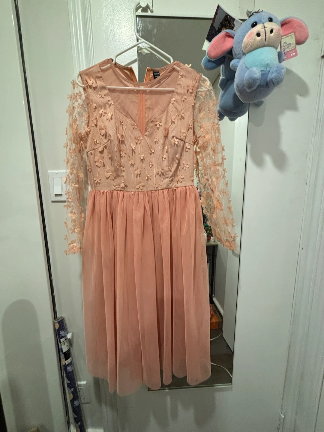 SHEIN Pink Floral Mesh Long Sleeve Dress - photo 4