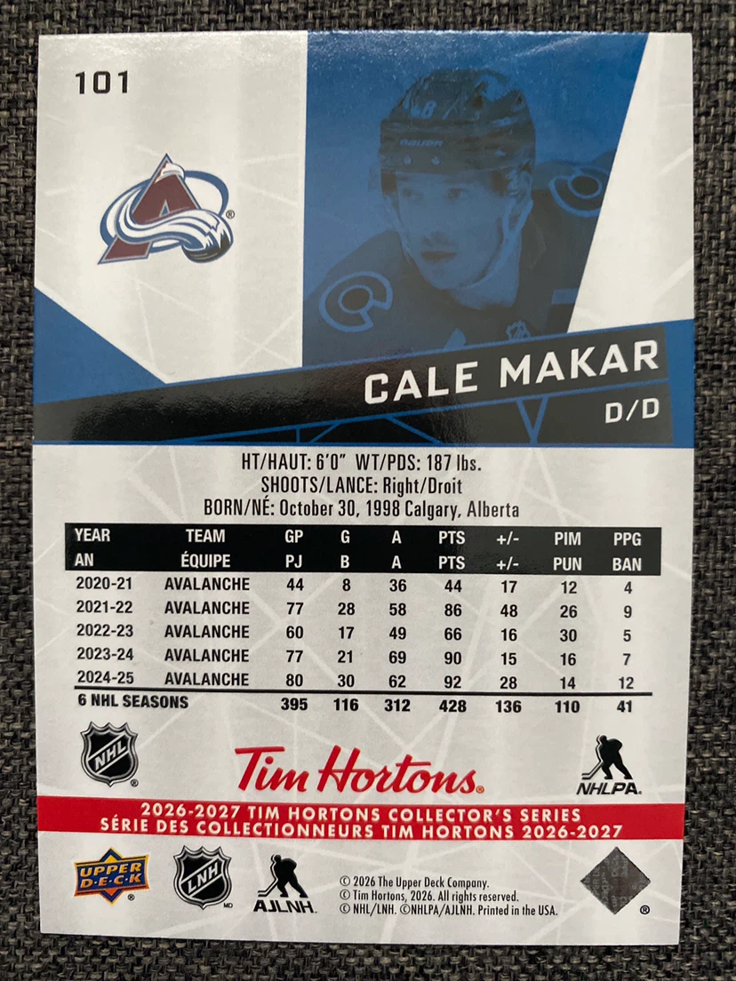 Cale Makar 2026-2027 Tim Hortons Upper Deck Hockey Card - photo 2