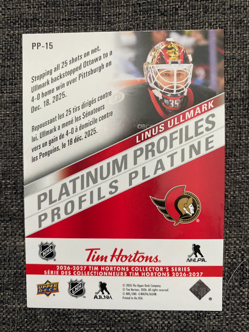 Linus Ullmark Platinum Profiles Trading Card - photo 2