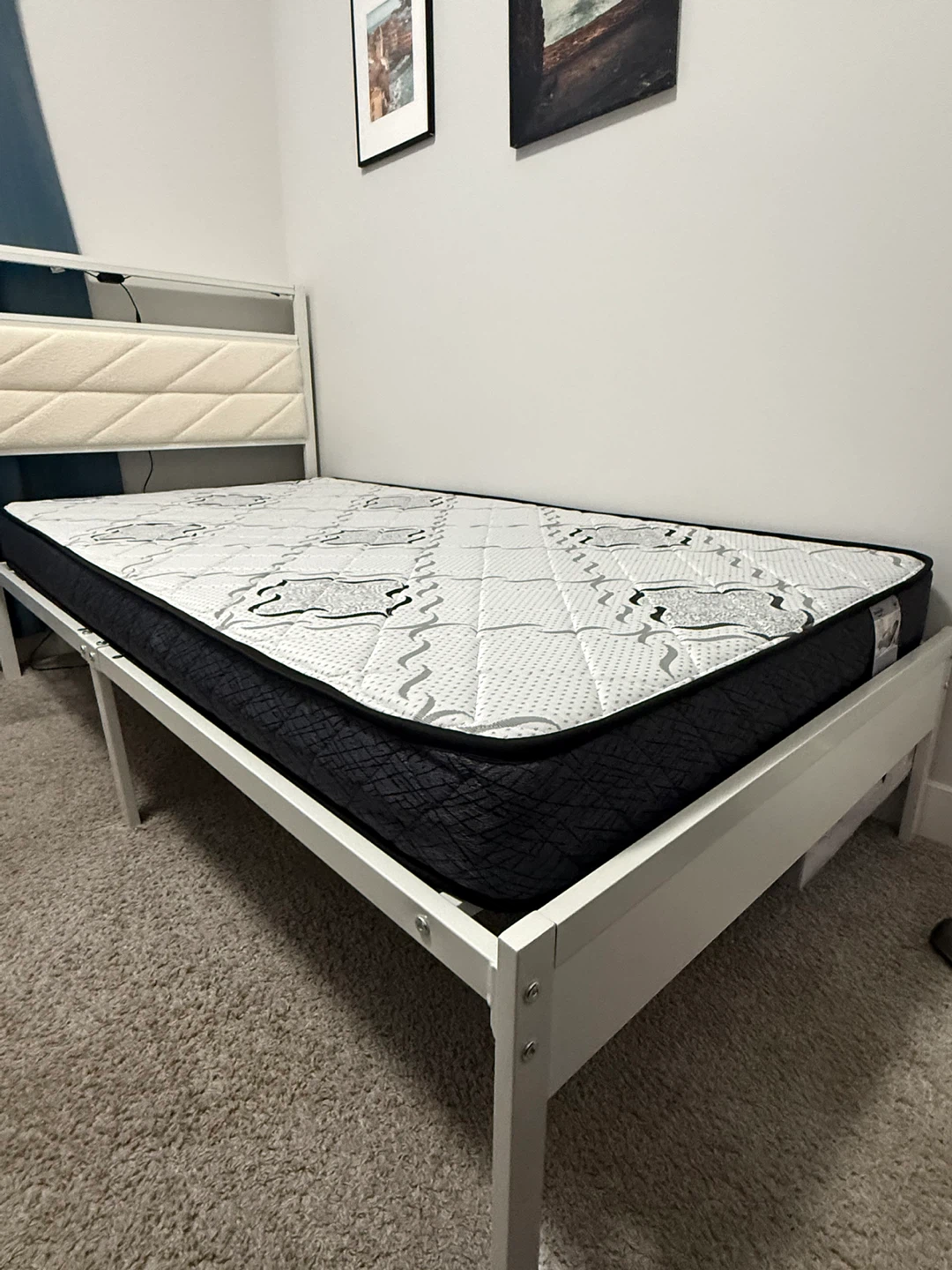 Twin size bed frame with LED headboard and mattress