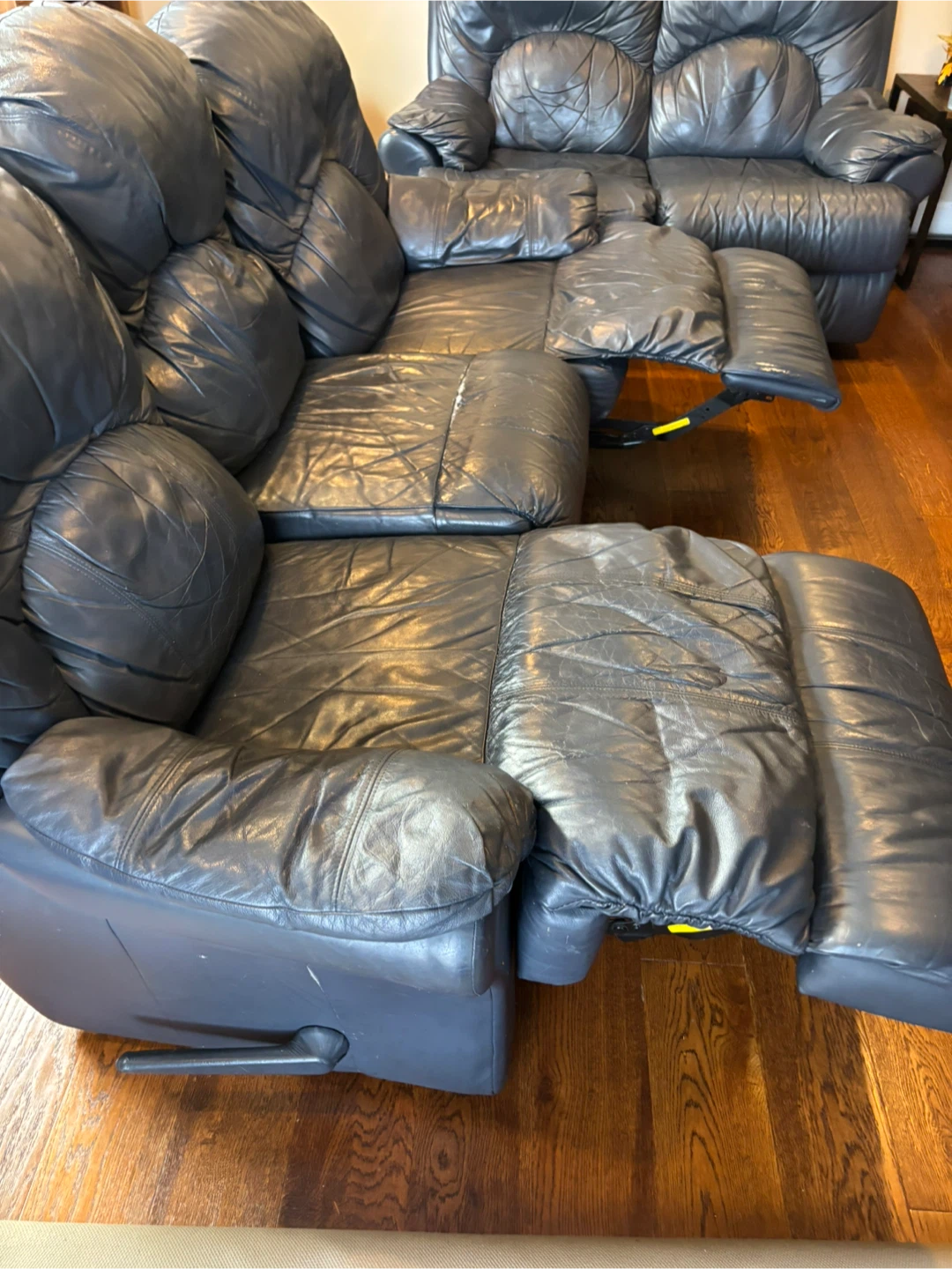Blue Leather Reclining Sofa and Loveseat Set - photo 3