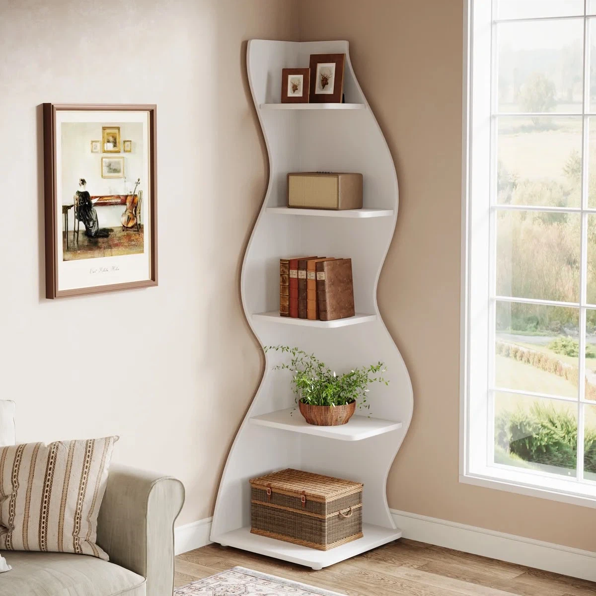 White Wavy Corner Bookshelf