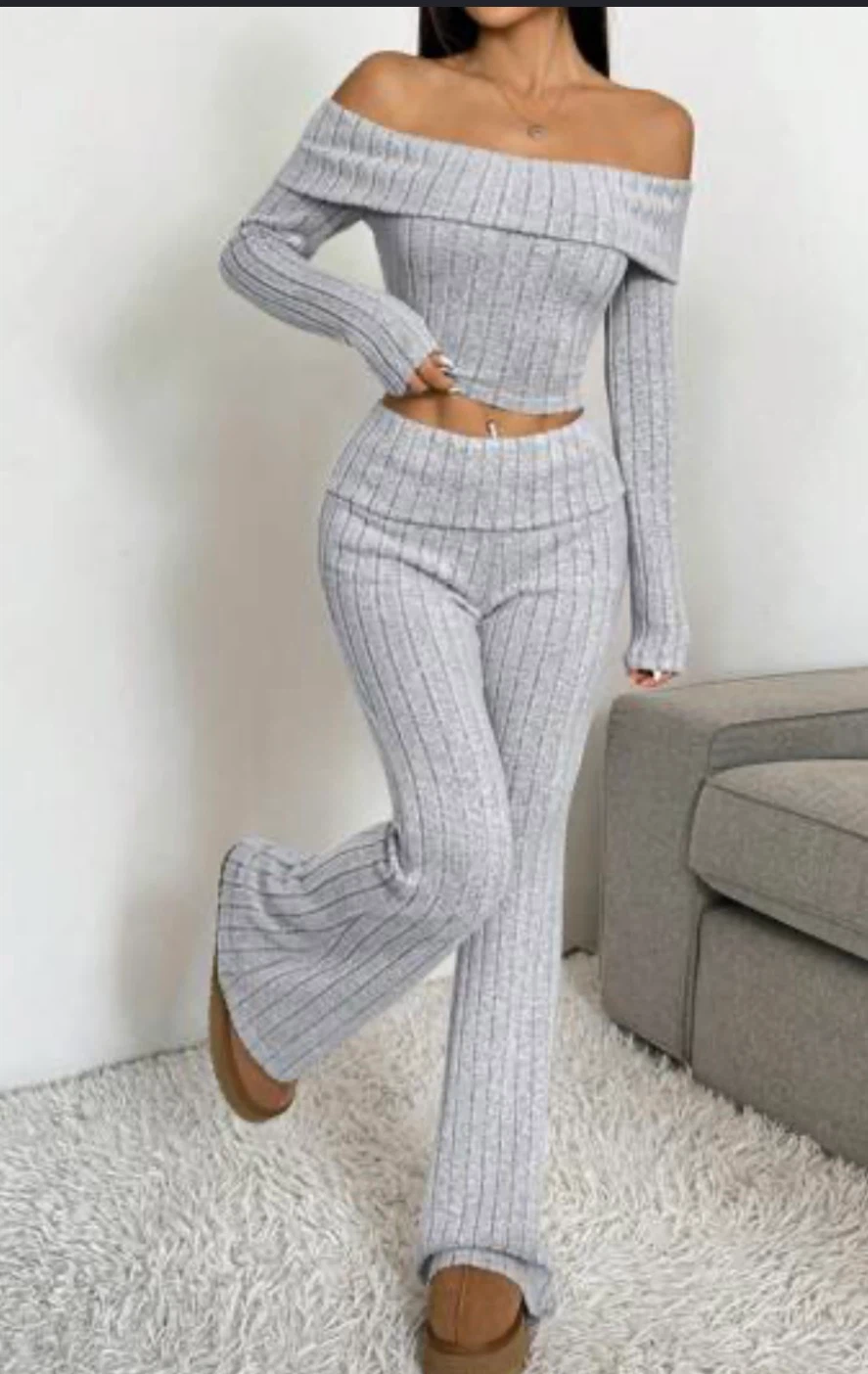 Grey Ribbed Two-Piece Lounge Set