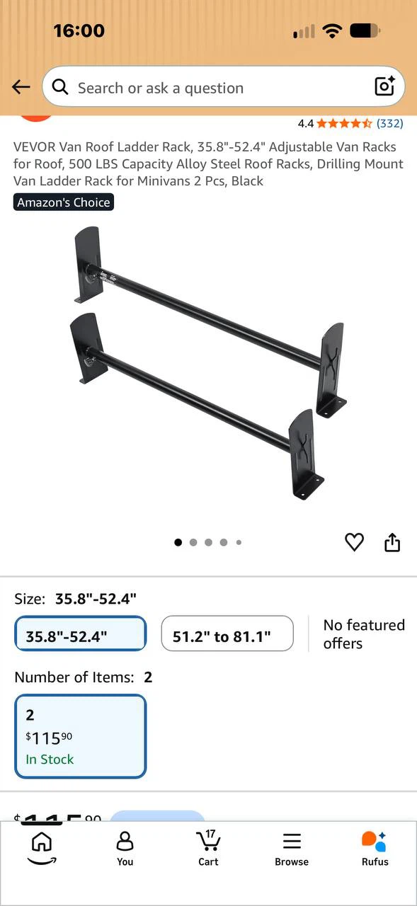 H1026 VEVOR Adjustable Van Roof Ladder Rack – 2 PCS – 500 LBS C