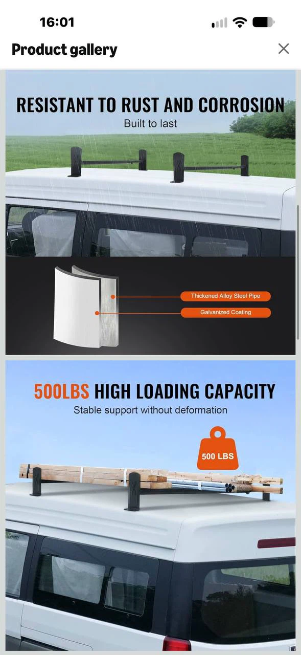 H1026 VEVOR Adjustable Van Roof Ladder Rack – 2 PCS – 500 LBS C - photo 3