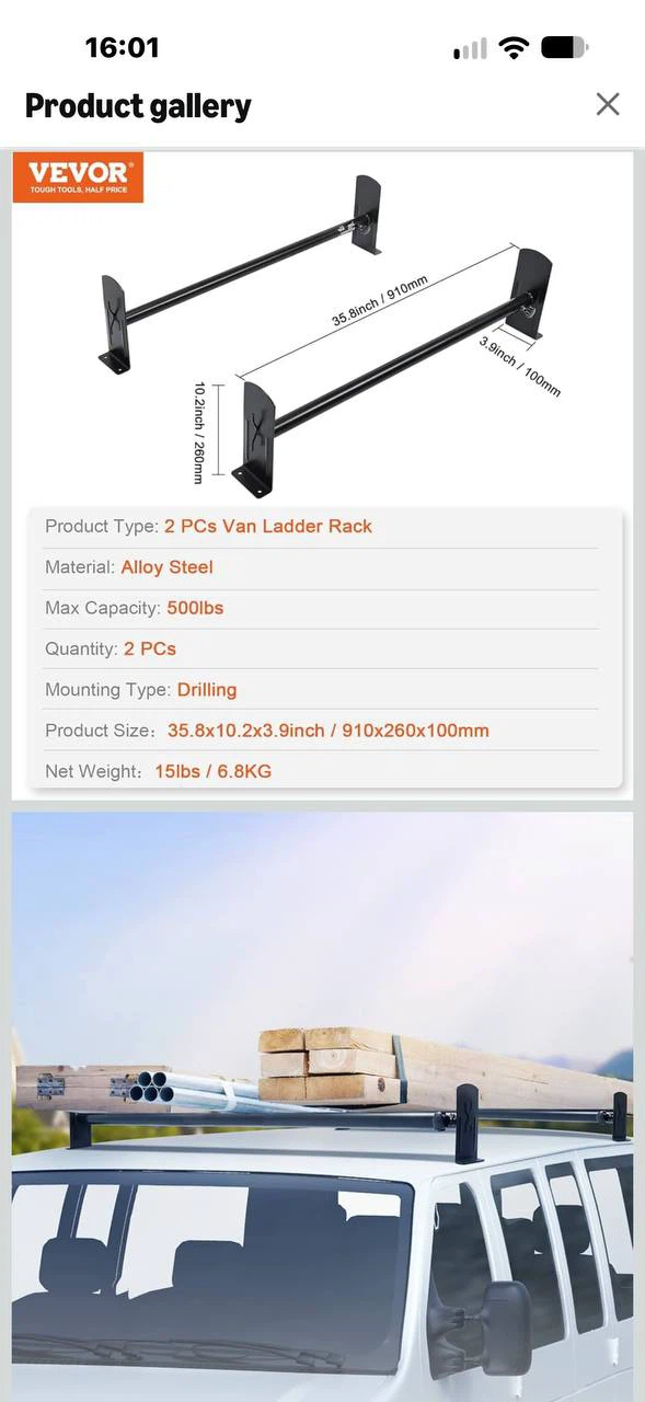 H1026 VEVOR Adjustable Van Roof Ladder Rack – 2 PCS – 500 LBS C - photo 5