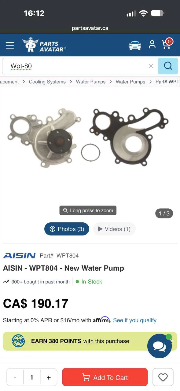 H1027 AISIN WPT804 Water Pump – Toyota / Lexus – New – $120