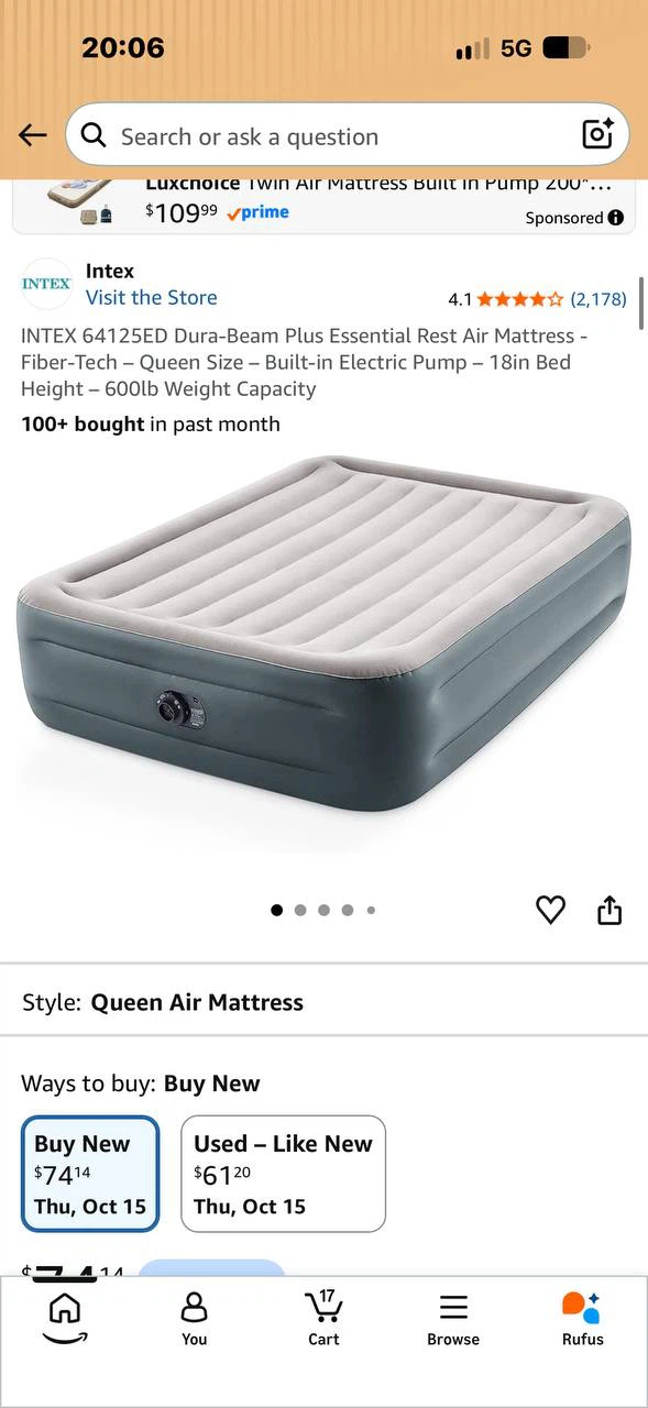 H1029 Intex Dura-Beam Plus Queen Air Mattress with Built-In Pump