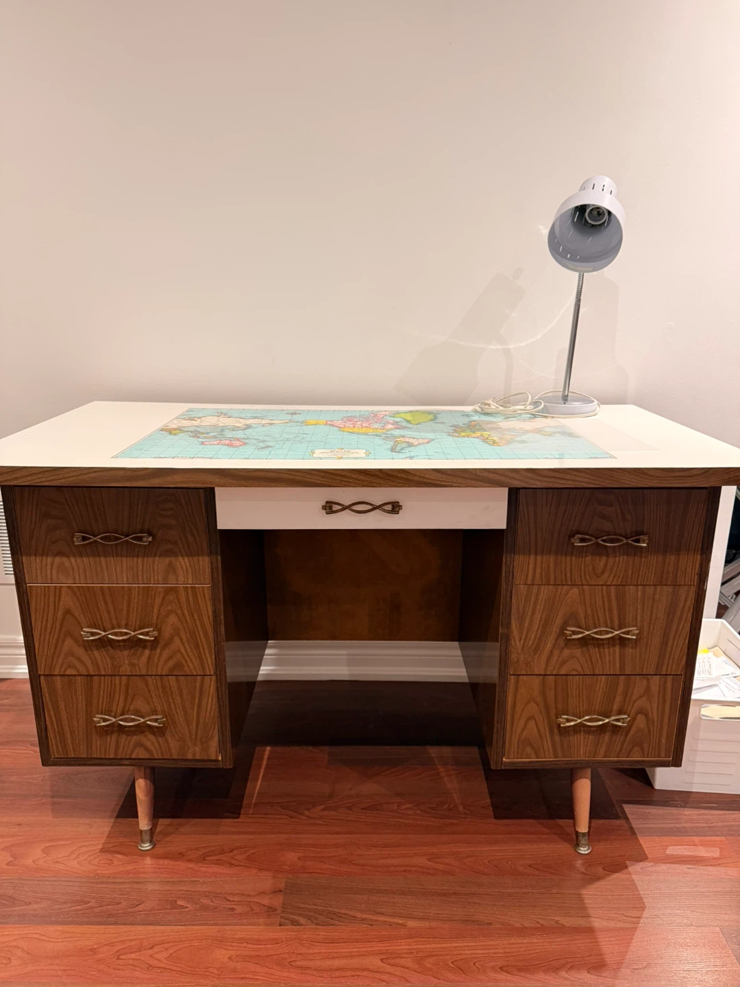 Mid-Century Modern Desk with World Map Top