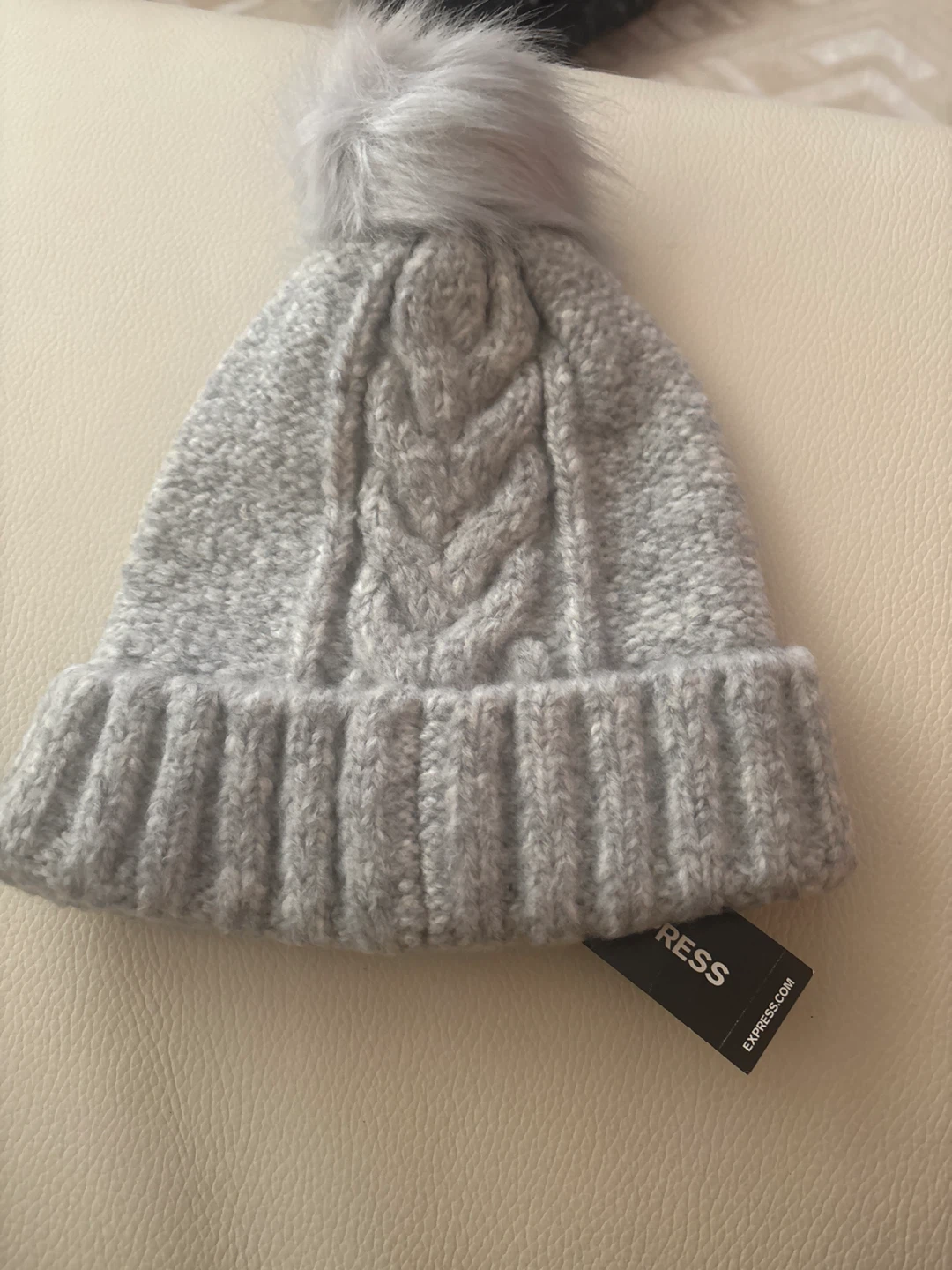 Express Gray Cable Knit Pom Pom Beanie