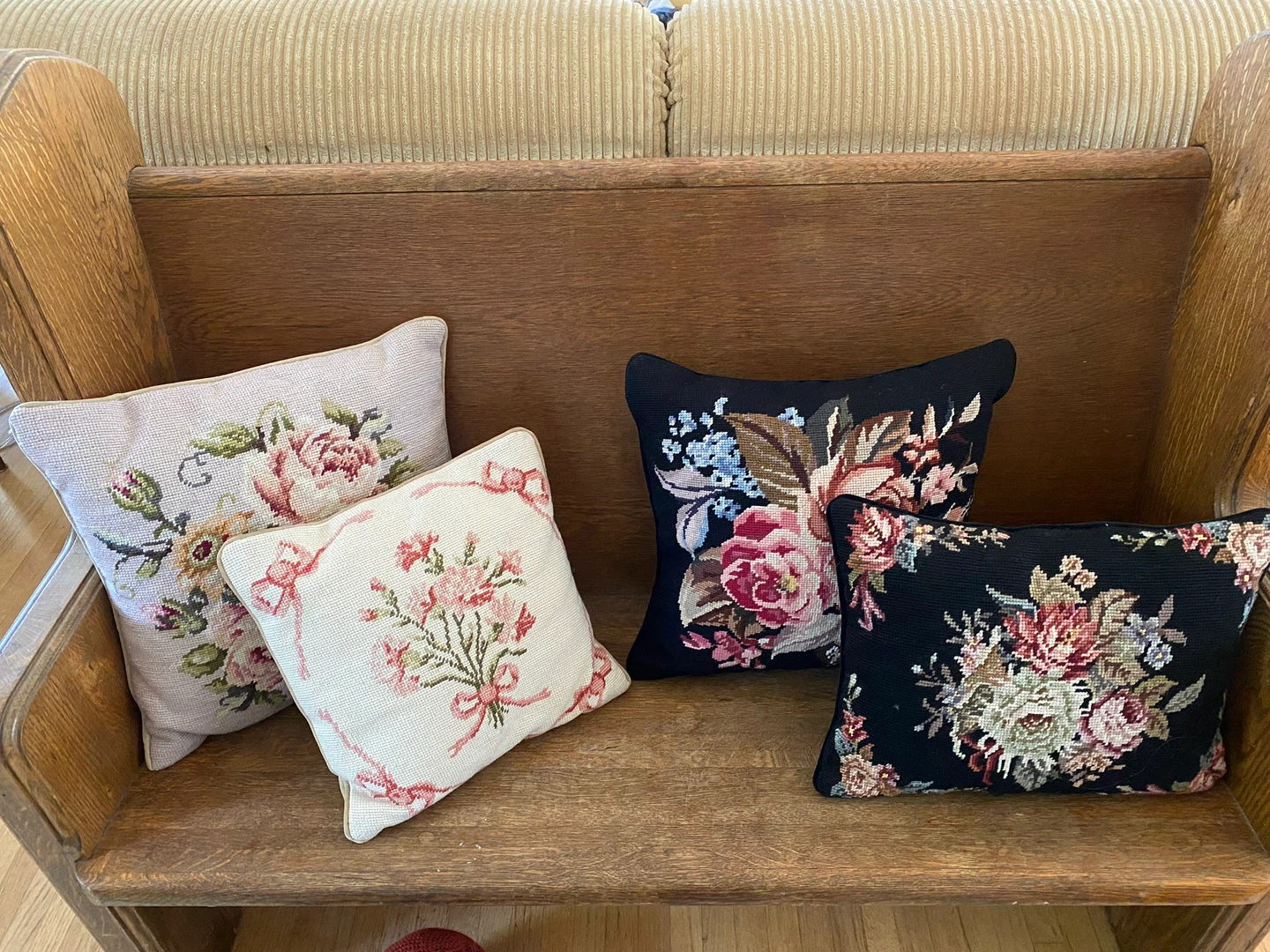 Set of 4 Floral antique Needlepoint Cushions