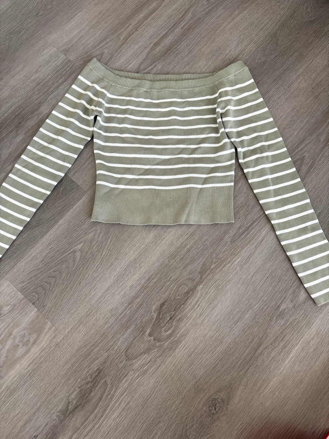 Brand New Garage Olive and White Striped Off-Shoulder Top