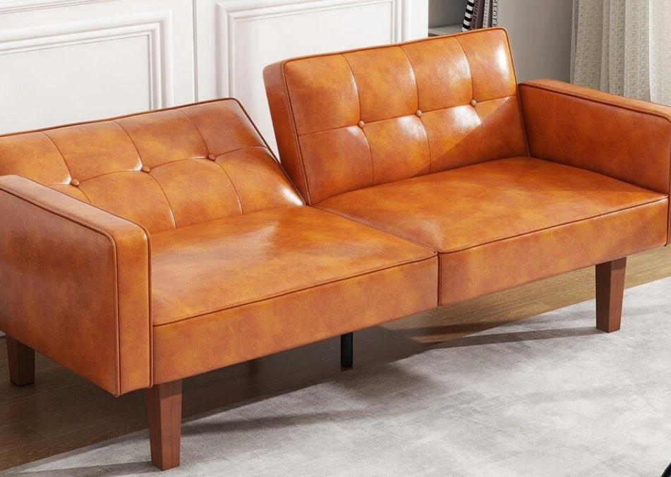 Mid-Century Modern Faux Leather Futon Sofa