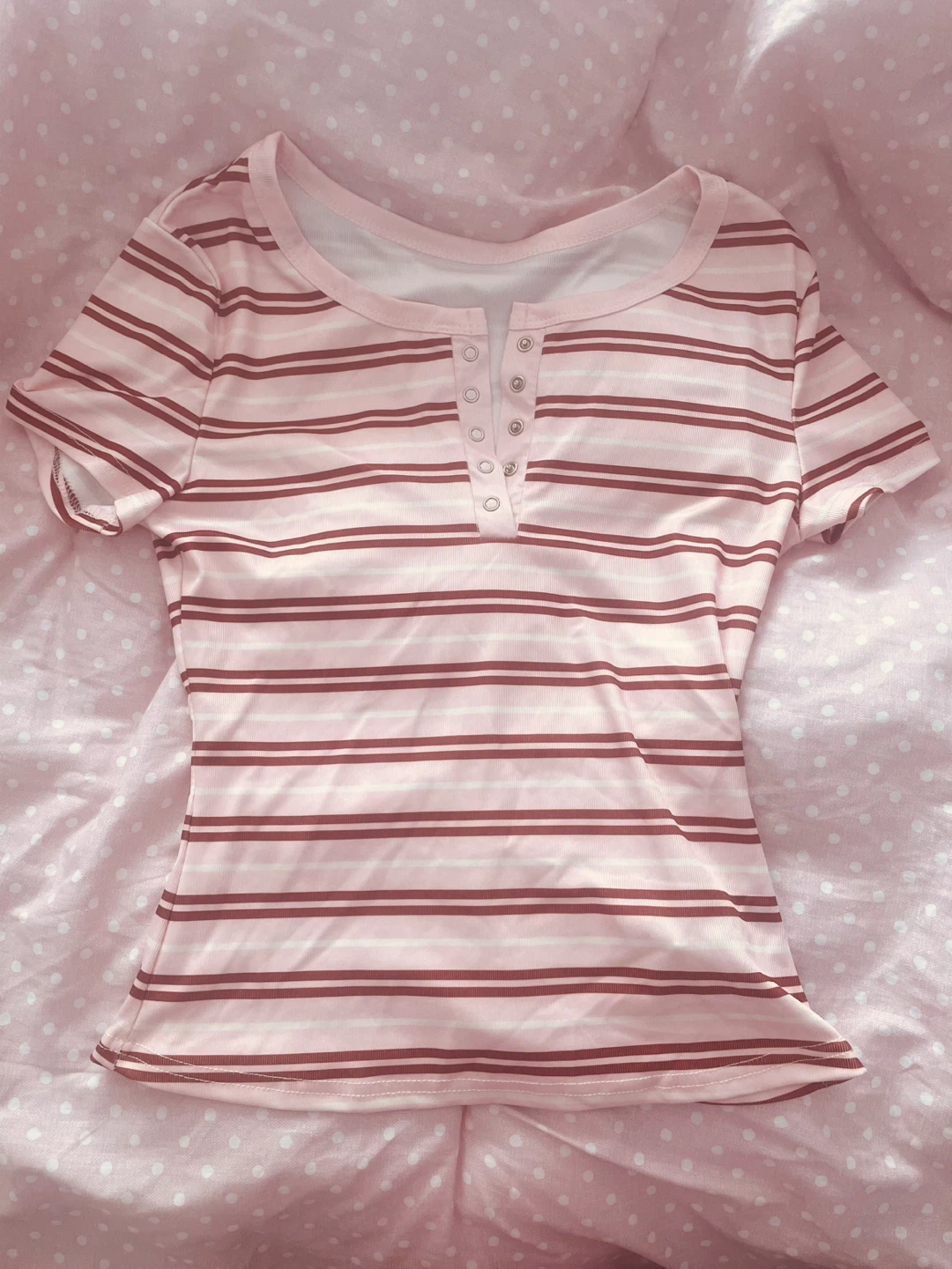 Pink Striped Short Sleeve Henley Top - Small