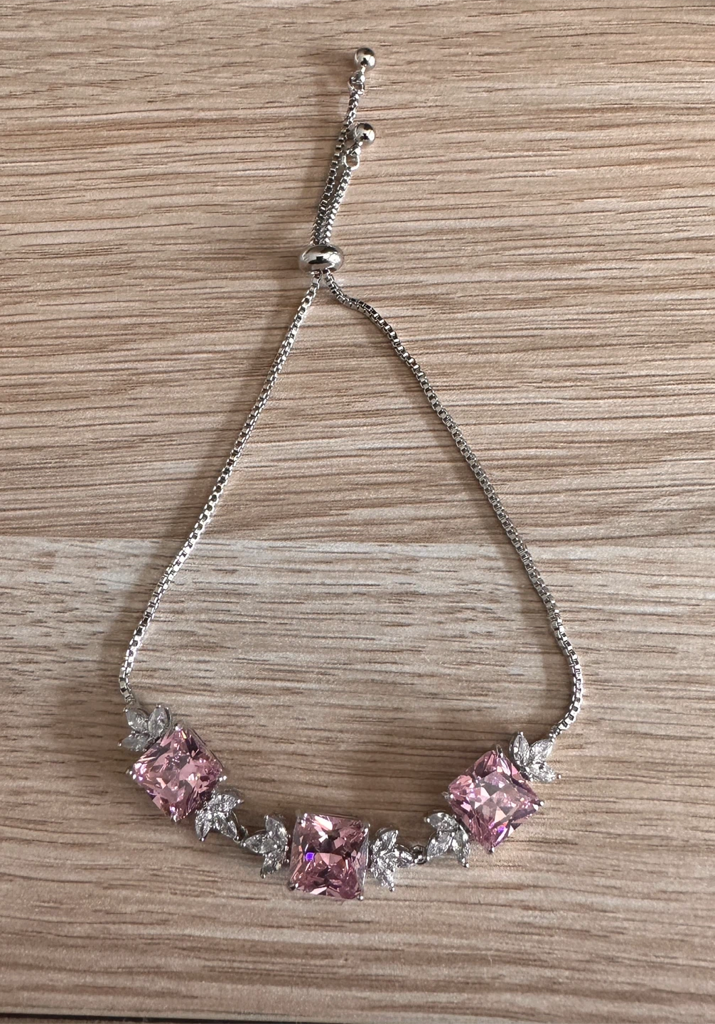 Silver-Tone Pink Stone Bolo Bracelet