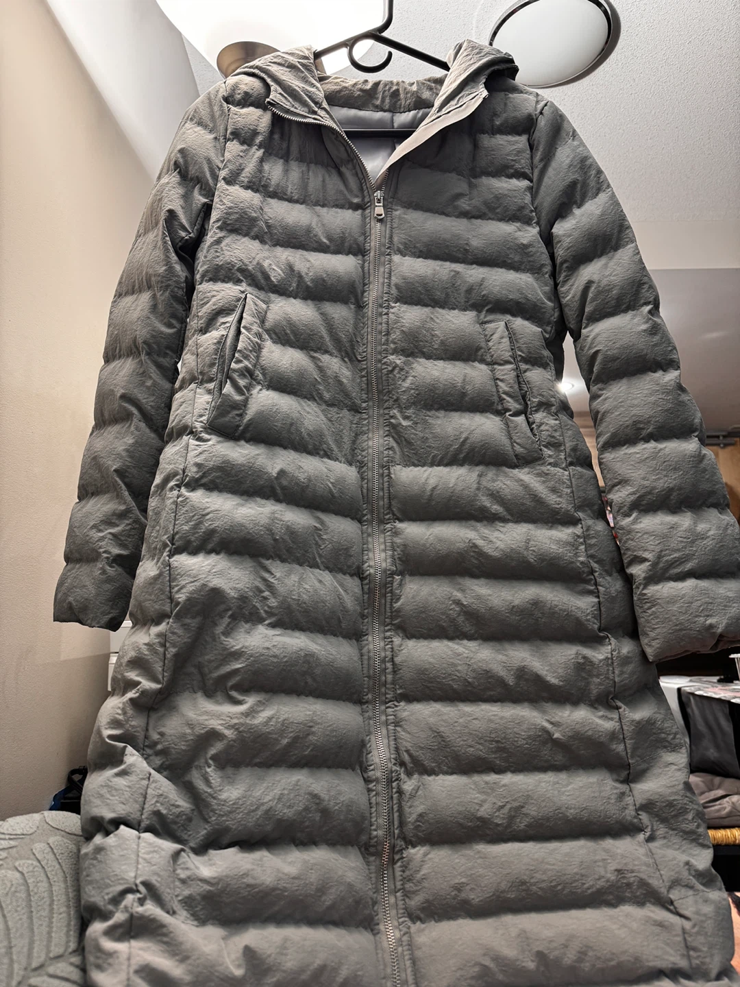 Grey Long Puffer Jacket with Hood