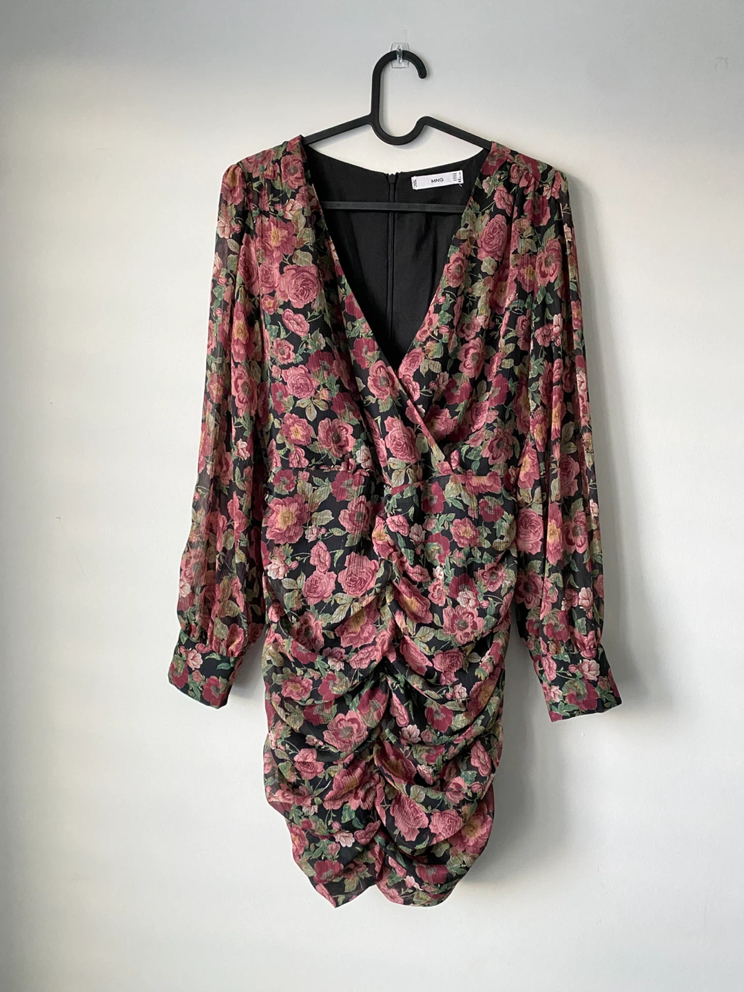 MANGO Black & Pink Floral Ruched Mini Dress