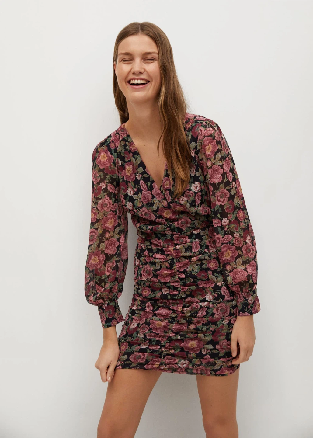 MANGO Black & Pink Floral Ruched Mini Dress - photo 4