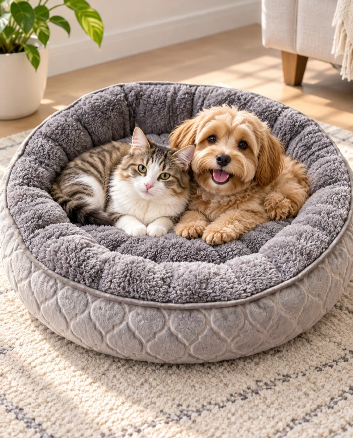 Brand New Soft Plush Round Cat & Small Dog Bed – Grey