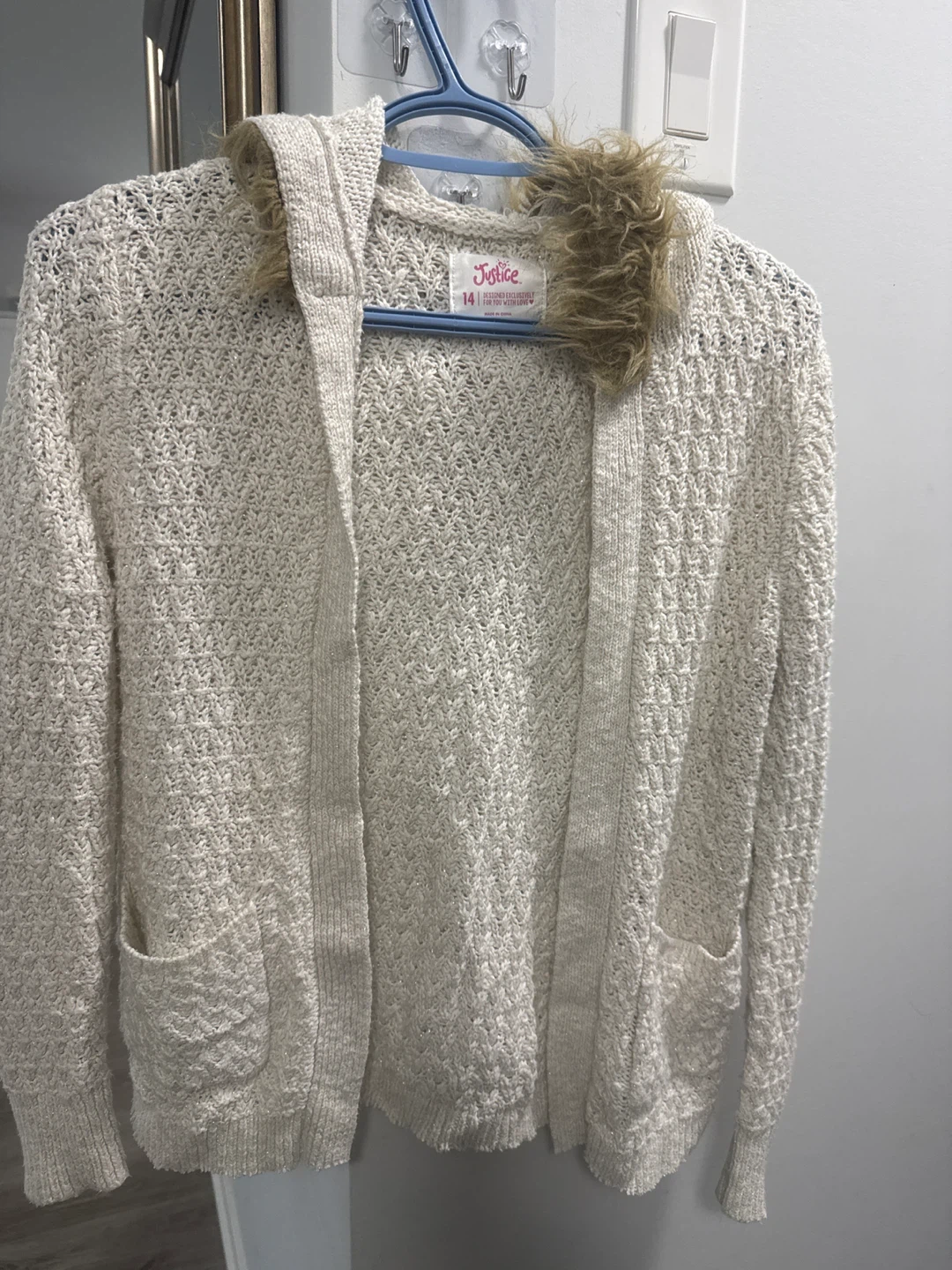 Justice Girls White Faux Fur Hooded Cardigan Size 14