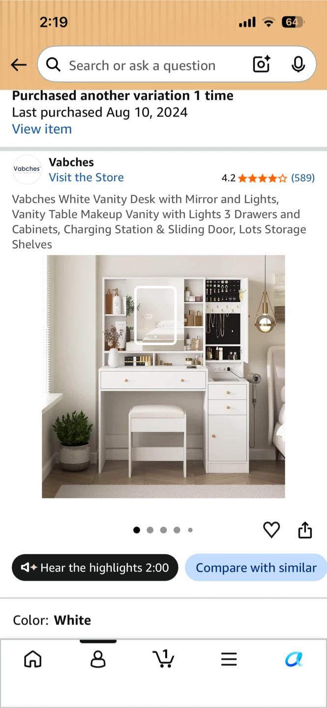 Vabches White Vanity Desk with Mirror and Lights