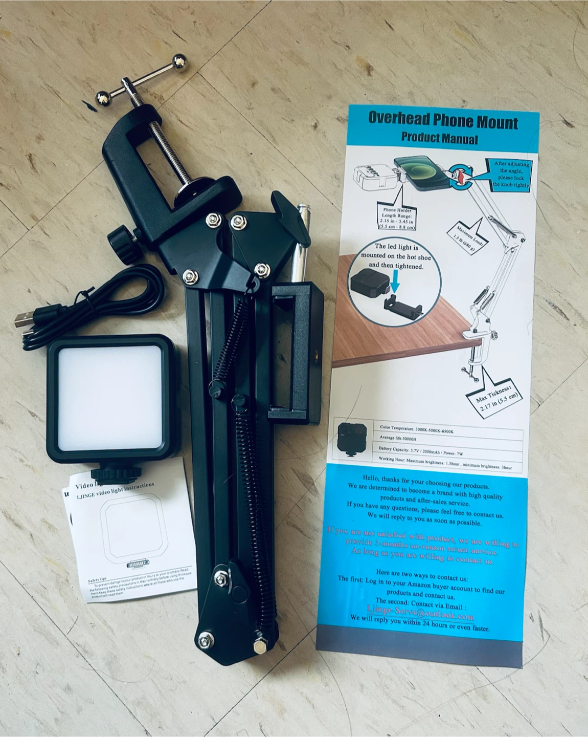 LJINGE Overhead Phone Mount with LED Video Light