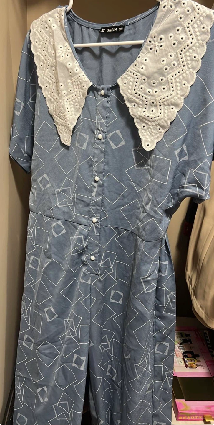 SHEIN Blue Geometric Dress with White Collar