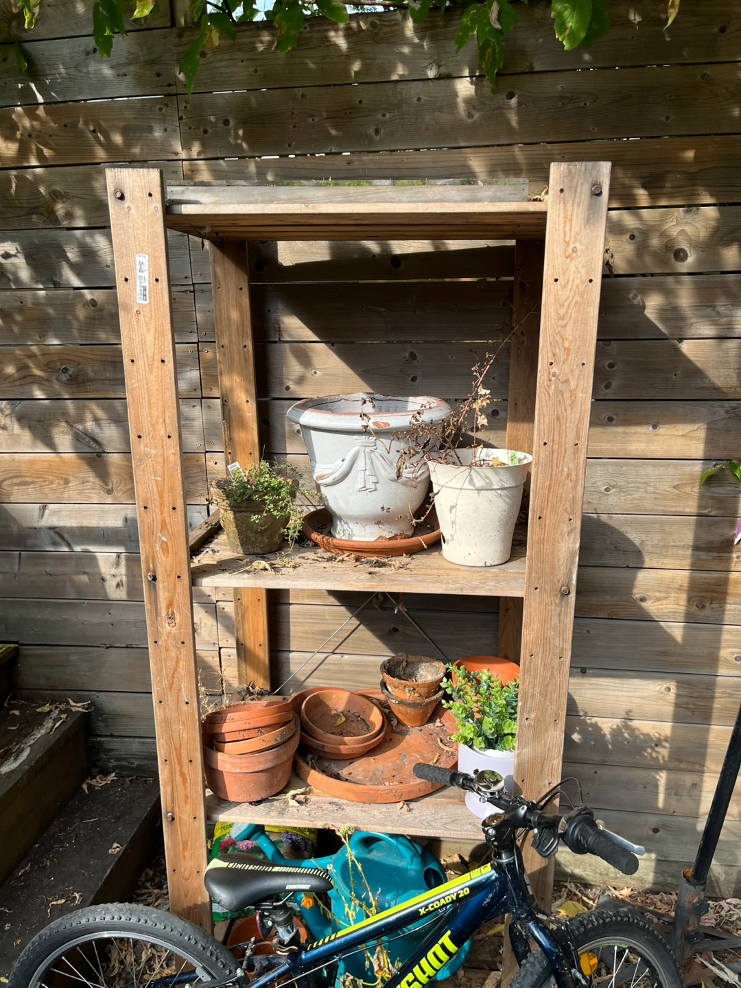 IKEA Wooden Shelving Unit, $35 (+free gardening pots)
