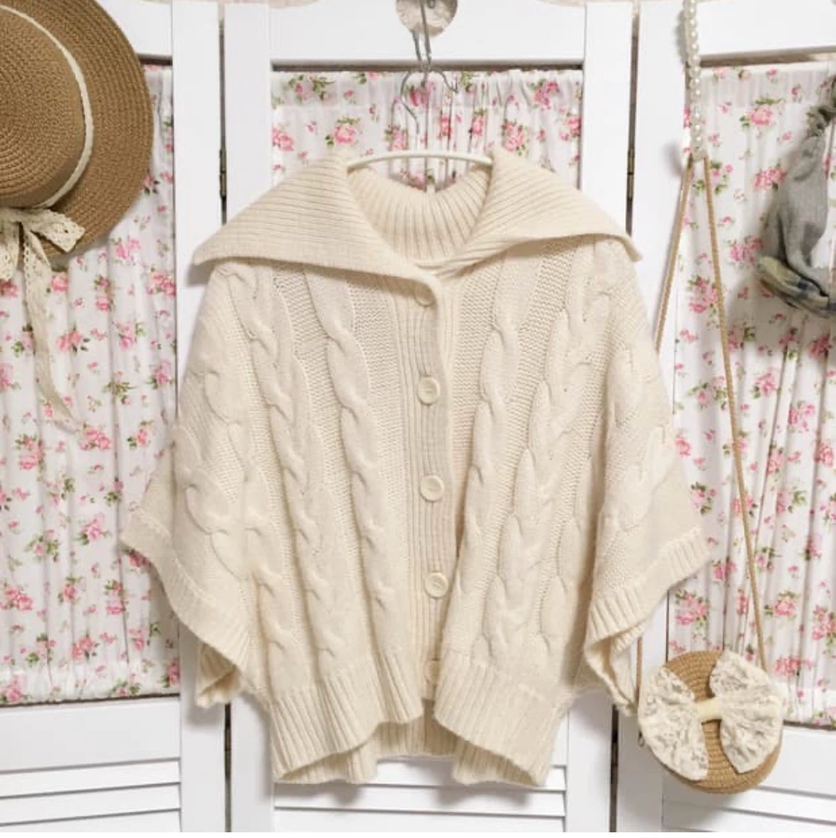 Cream Cable Knit Button-Up Poncho