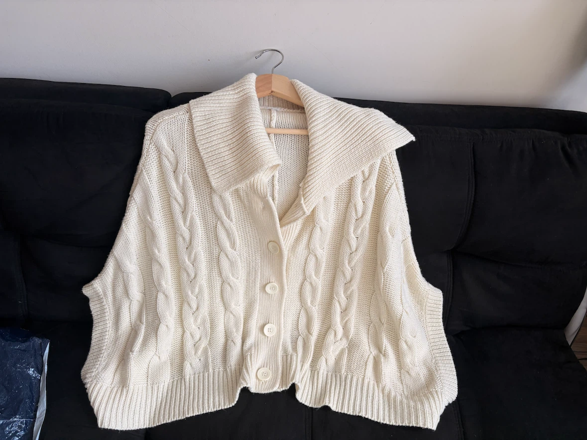 Cream Cable Knit Button-Up Poncho - photo 4