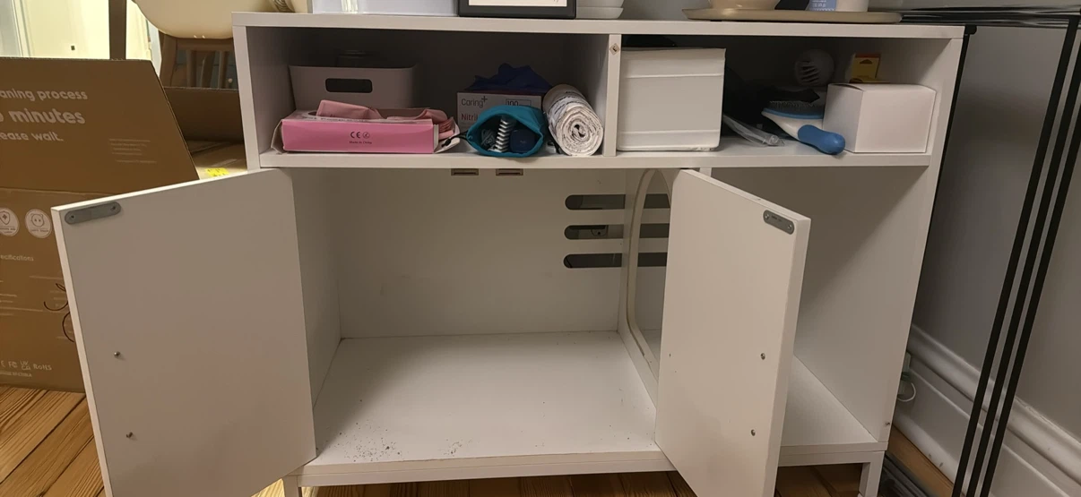White litter box furniture with open shelf