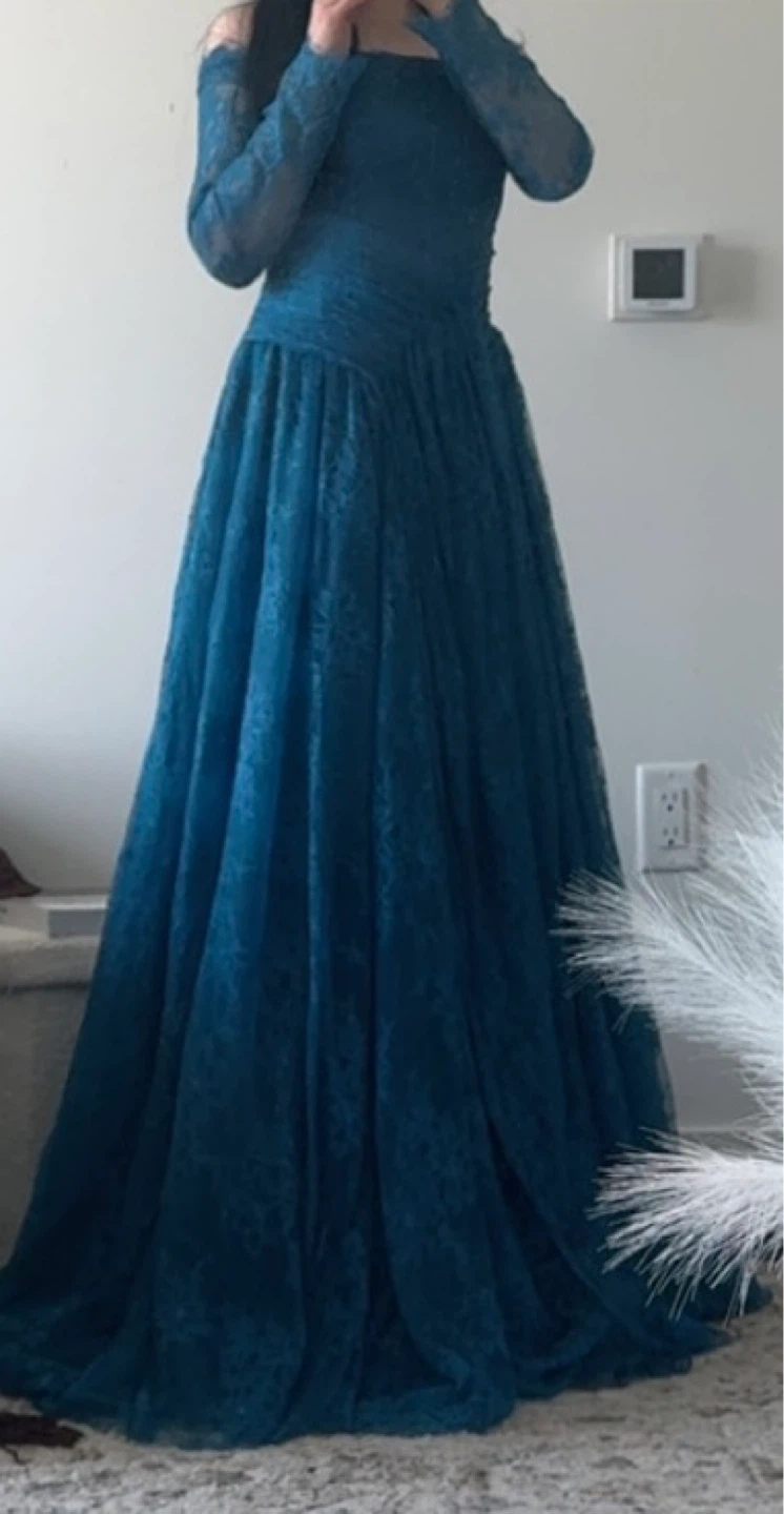 Teal Lace Off-Shoulder Evening Gown