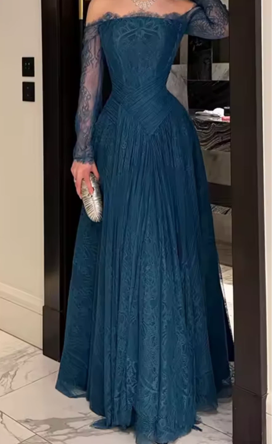 Teal Lace Off-Shoulder Evening Gown - photo 2