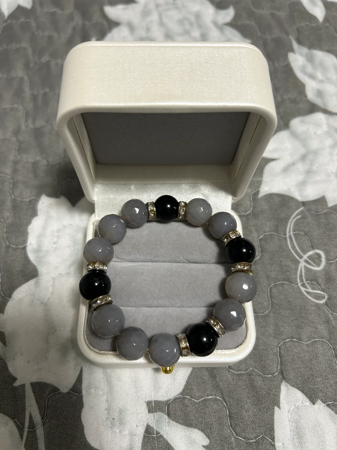 Black and Grey Beaded Bracelet with Rhinestone Spacers