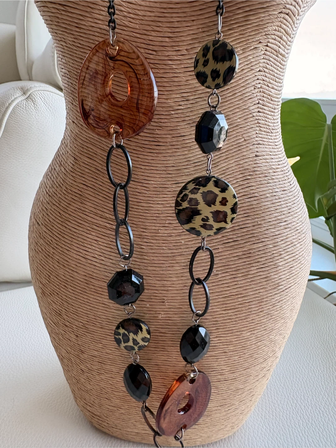 Leopard Print and Black Bead Necklace