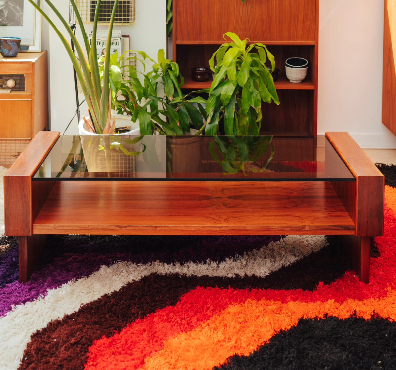 Vintage MCM Teak & Smoked Glass Coffee Table | 1970s