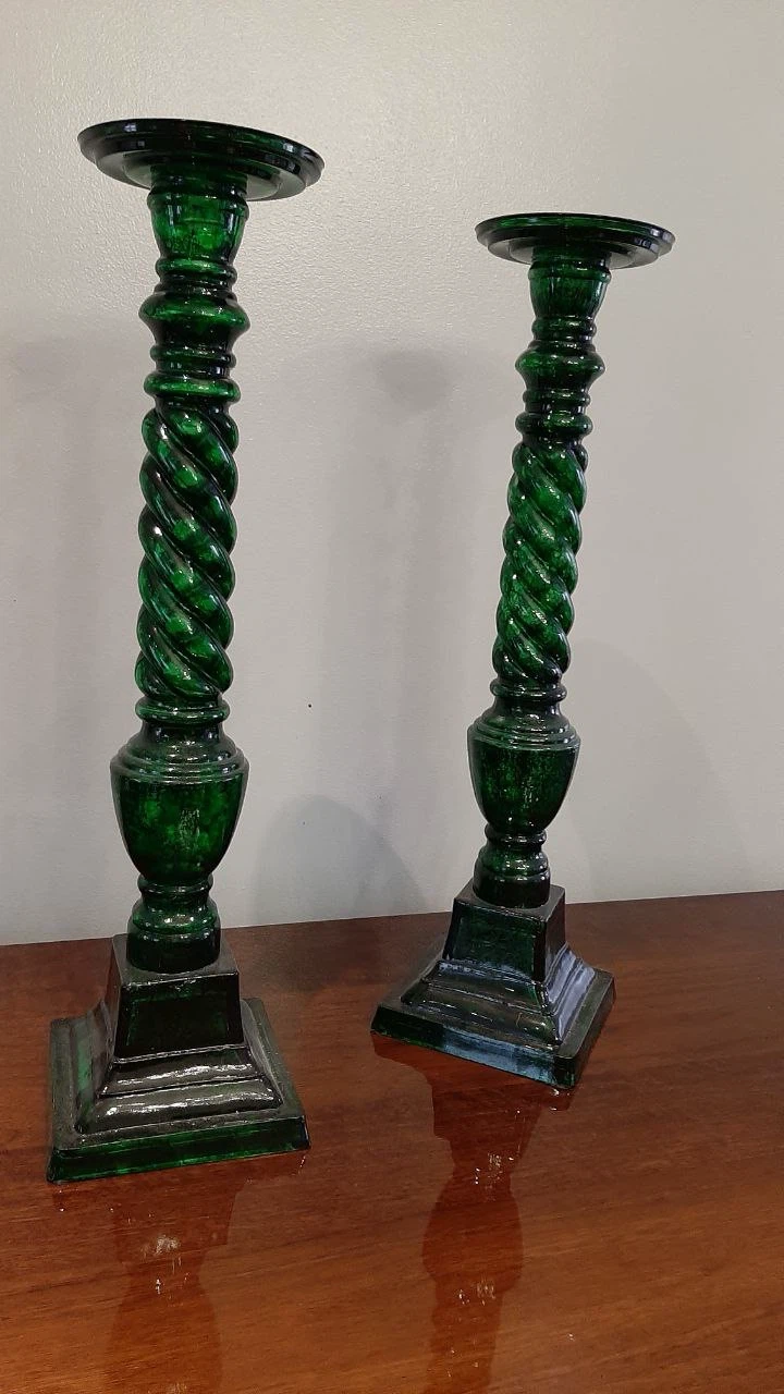 Two Vintage Emerald Green Glass Candle Holders
