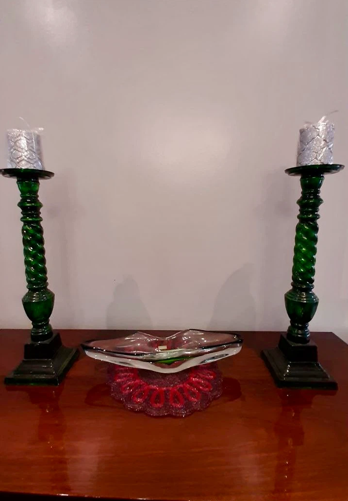 Two Vintage Emerald Green Glass Candle Holders - photo 3