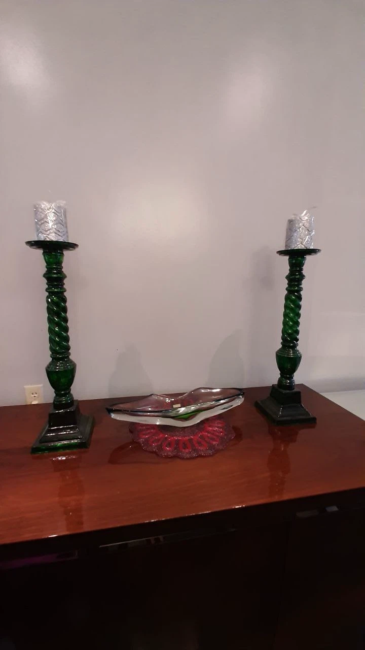 Two Vintage Emerald Green Glass Candle Holders - photo 4