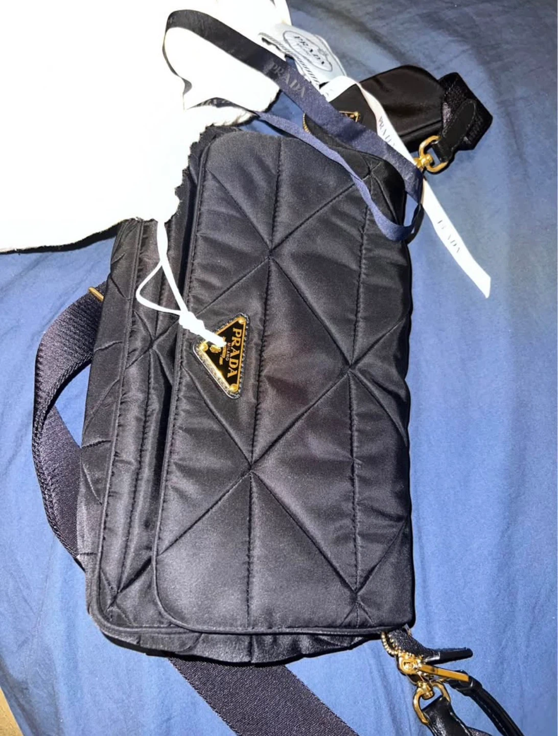 PRADA Authentic Padded Re-nylon Shoulder Bag (black-gold)