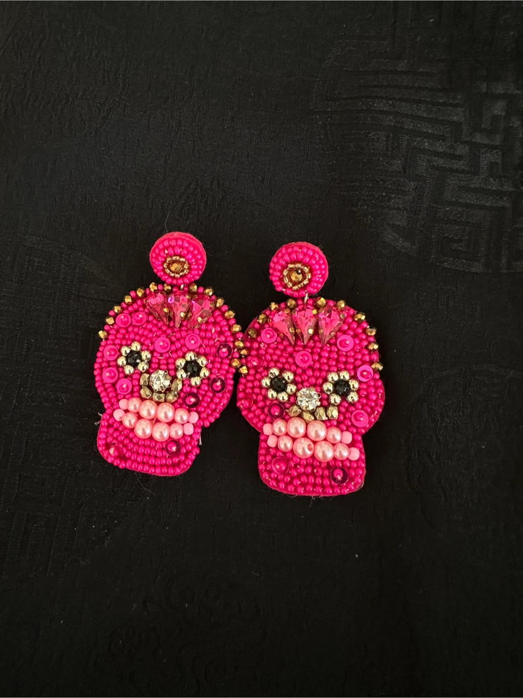 Hot Pink Beaded Skull Earrings