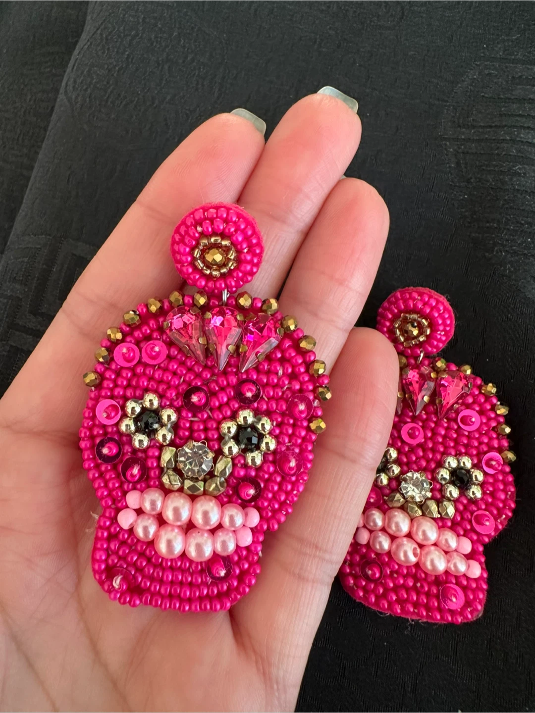 Hot Pink Beaded Skull Earrings - photo 3