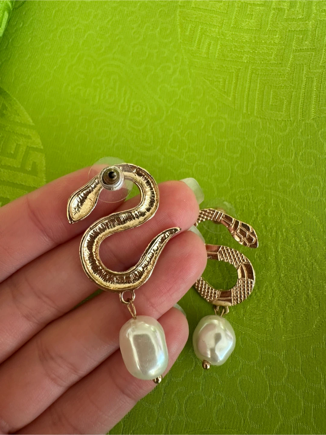 Gold-toned snake earrings with pearl drops - photo 2
