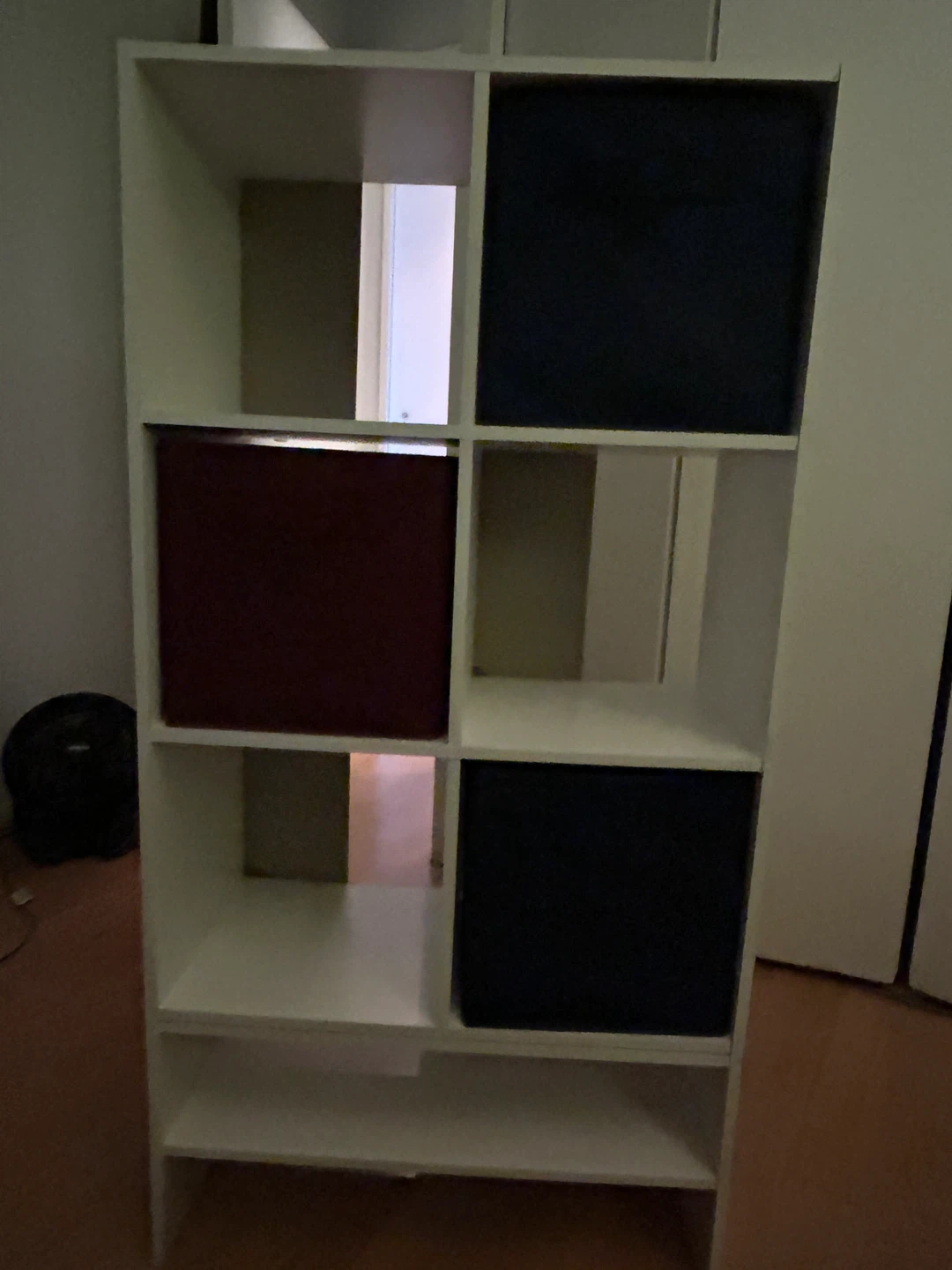 White Storage Shelf with Three Fabric Bins